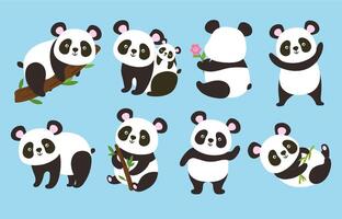 Cute pandas. Cartoon bear mascot, panda with bamboo branch and adorable animal illustration set vector