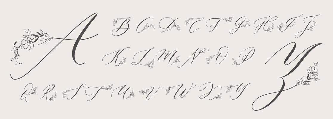 Floral ornament monogram. Handwritten font with flowers and leafy branches decoration, vintage calligraphy capital letters set