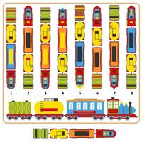 Train logic game. Find correct top view version of locomotive train with wagons, 3d puzzle test illustration vector