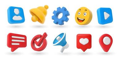 Marketing 3D icons. Location pin, check mark, yellow smile emoji and notification bell. Contacts and settings, megaphone and play button set vector