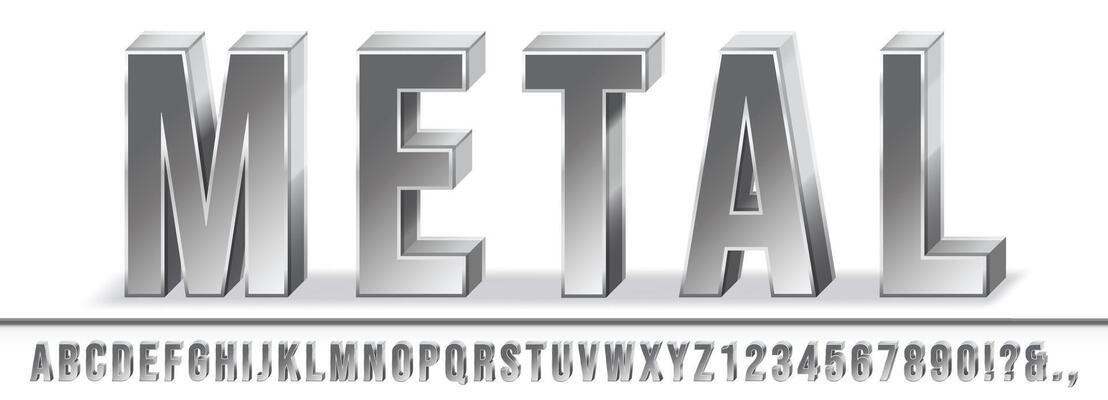 Realistic metal font. Shiny metallic 3D letters with extrude effect and steel texture. Chrome alphabet set