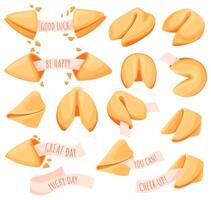 Fortune cookies. Chinese traditional food with future forecasting or surprise messages on paper strips inside cookie pieces set vector