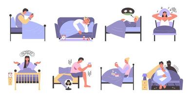 People cant sleep in bed. Sleepless characters suffering from different causes of insomnia. Count sheep to sleep Illustration set vector