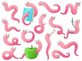 Cartoon worm in different poses. Crawling earthworm, attractive worm on hook and bookworm set vector