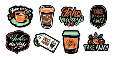 Take away coffee labels. Takeaway cup to go tag, hand drawn lettering with americano and coffee beans set vector