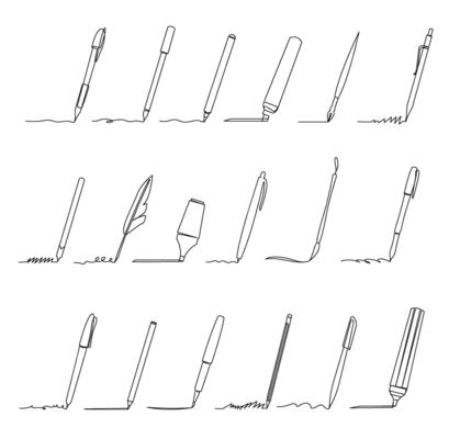 Continuous one line writing accessories. Sketch pencil, brush and pen draw line strokes. Writer supplies set