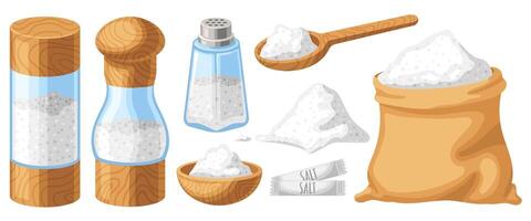 Cartoon salt. Wooden shaker, spoon and bowl. Bag of sugar or baking soda, cooking ingredients illustration set vector