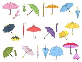 Various umbrellas. Folded parasol, open umbrella for rainy weather. Different shape accessories set vector