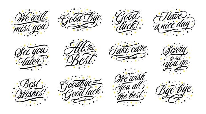 Handwritten farewells. Goodbye message lettering, good luck tag and all the best. Typography farewell sign set
