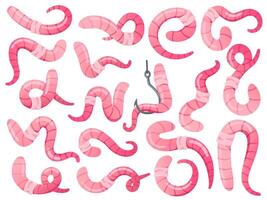 Soil worms. Earthworms in different poses, crawling and worm on hook. Garden insect set vector
