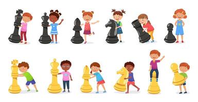 Kids with giant chess figures. Cartoon child playing chess game with huge pawn, horse and king figure Illustration set vector