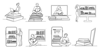 Continuous one line online books. Read book, listen audiobook and study on Internet. Students library app illustration set vector