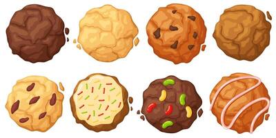 Sugar cookie. Chewy sprinkles, chocolate chip, soft frosted and fudge oatmeal cookies top view Illustration set vector