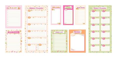 Cute planner templates. To do list with flower ornament, check list and note paper. Daily, weekly, monthly and yearly planners set vector