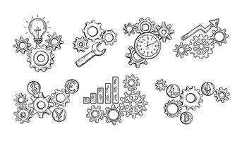 Hand drawn gear. Idea light bulb, financial mechanism charts and time clock gears sketch set vector