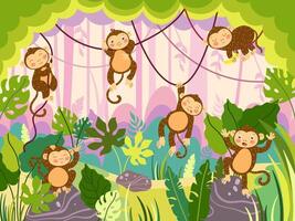 Jungle monkey. Funny ape hanging on lianas, wild monkeys in various poses on tropical tree and nature background illustration vector
