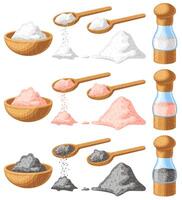 Pink, black and white salt. Wooden shaker, spoon and bowl with different salt types cartoon illustration set vector