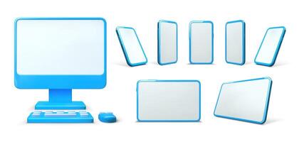 Gadget 3d mockup. Mobile phone, tablet screen and computer monitor with mouse and keyboard illustration set vector