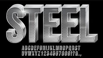 Perforated steel font. Metal typeface, metallic letter and chrome numbers with grid texture set vector