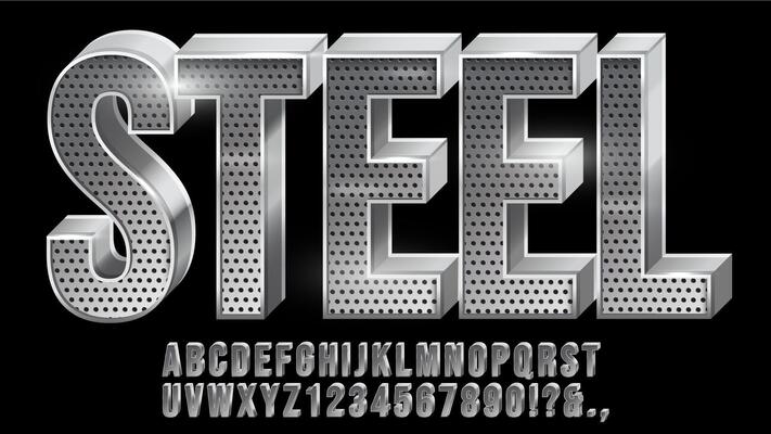 Perforated steel font. Metal typeface, metallic letter and chrome numbers with grid texture set