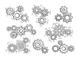 Sketch gears. Engineer work, transmission motion and working gear mechanism. Hand drawn factory, business team concept Illustration set vector