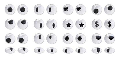 Googly eyes. Plastic eye, self adhesive funny toy doll moving eyeball and goofy fool look realistic 3D isolated set vector