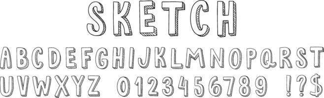 Hand drawn sketch font. Alphabet for doodle lettering, stylised numbers and letters. Perspective extrude with sketch lines set vector