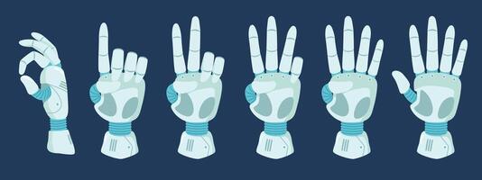 Counting robot hand. Count with cyber hands gestures, robotic arm fingers from zero to five cartoon illustration set vector