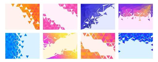 Color triangles background template. Corner gradient triangle pattern, creative triangulation poster with free space for text backdrop set vector