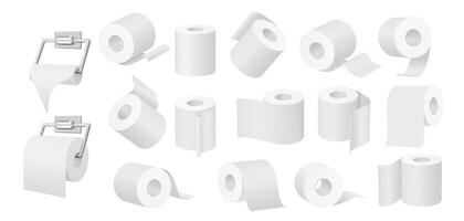 Toilet paper roll. Soft white rolls, empty tube and 3D kitchen towel set vector