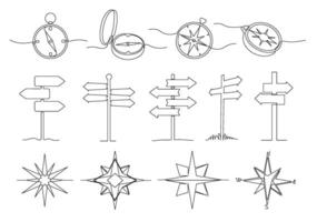 One line way direction. Journey navigation sign, traveller compass and destination signboard illustration set vector