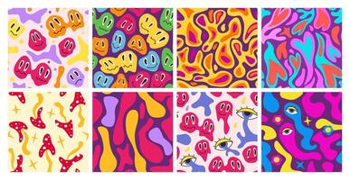 Lava lamp patterns. Retro melting faces, psychedelic bubble liquid, hearts and hippie mushrooms. vintage seamless background set vector