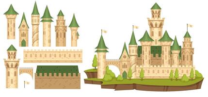 Medieval castle constructor. Old bastion, cartoon ancient tower creator and palace walls elements set vector