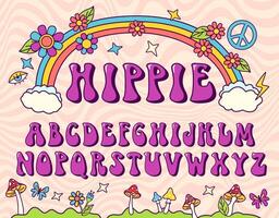 Hippie stylized font. Groovy alphabet, seventies letters for nostatgic lettering design. Retro typeface vector