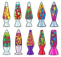Lava lamps. Psychedelic bubble liquid, 90s retro lamp with colourful neon hippie abstract shapes illustration set vector