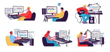 Sound studio workers. Audio engineer, musician record songs and composer write music. Podcast, instruments and vocal recording illustration set vector