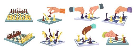 Chess game illustrations. Hands of chess players with pawn, knight and king figures. Business strategies and teamwork concept set vector