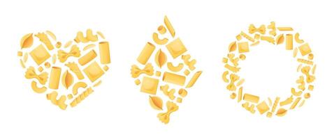 Pasta icons. Heart shape poster, diamond shape and circle frame with macaroni background set vector