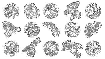 Topographic map texture. Island shape, circle with wood pattern and geographic grid set vector