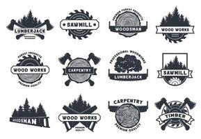 Wood works badge. Lumberjack, sawmill and carpentry emblems. Trees, pine log cut, saw and axe tools template set vector