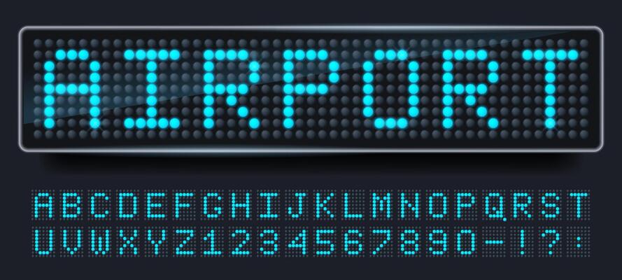 Led screen font. Digital sign board letters and numbers, scoreboard display alphabet and terminal dotted text set