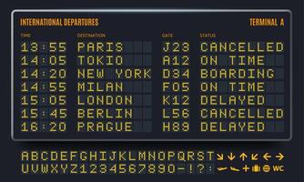 Led airport board. Departure table, information screen and airline terminal digital font set vector
