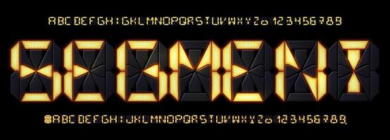 Segmented display font. Digital calculator lcd screen letters and countdown numbers, futuristic tech glowing alphabet. Retro 14 segments type set vector