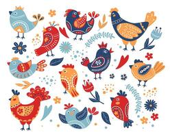 Cute birds with folk ornaments. Ethnic animals with ornamental patterns and flowers, colourful abstract bird and chicken Illustration set vector