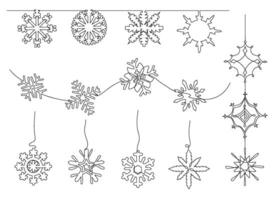 One line snowflake decoration. Snow divider, hanging flakes decorations and snowflakes on wave continuous line art set vector