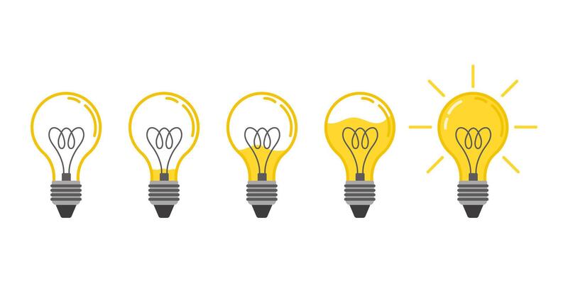 Light bulb animation. Liquid light fills lamp, creative idea or bright solution concept flat illustration set