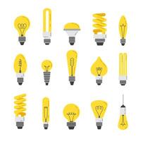 Flat light bulb. Incandescent lamp, energy efficient led lights and bright idea symbol cartoon set vector