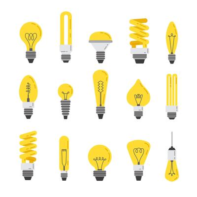 Flat light bulb. Incandescent lamp, energy efficient led lights and bright idea symbol cartoon set