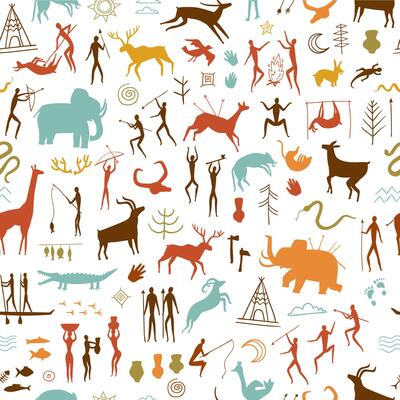 Rock paintings pattern. Prehistoric painted cave wall, stone age art of primitive people and cave drawings seamless Illustration