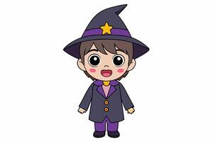 Charming illustration of a cute boy in a witch costume. Perfect for Halloween-themed projects and playful designs. Ideal for adding a whimsical touch to your creative work vector